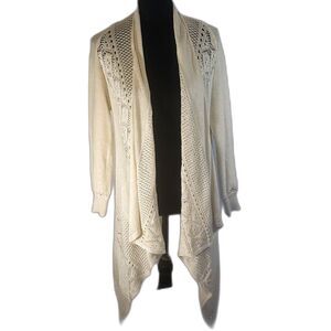 CalStyle Cream Knit Crochet Open Front Asymmetrical Sweater Size Large